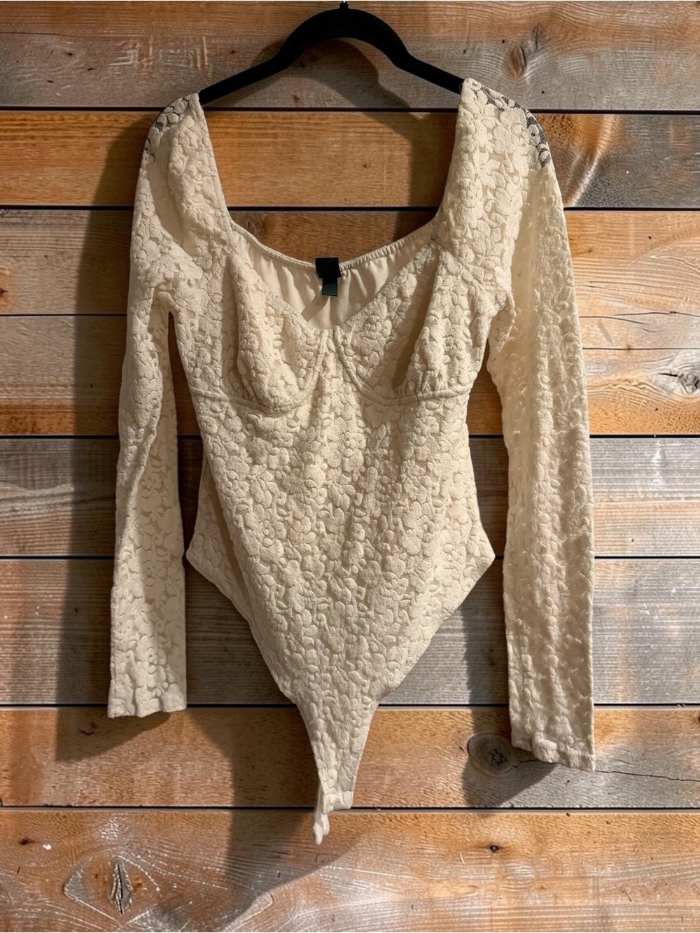 Wild Fable Cream Lace Bodysuit Sz L Long Sleeve Sweetheart Boho Going Out